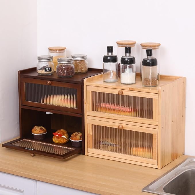 Double Layer Large Bread Box for Kitchen Counter, Wooden Bread Storage Container with Acrylic Window (natural)