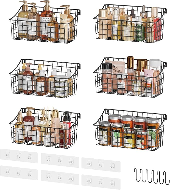 Sonyabecca 6 Pack Hanging Wall Basket for Organizing, EXTRA Large Wire Basket for Pantry with 5 S Hook+6 Adhesive Hook, Wall Mounted Shelf for Kitchen,Bedroom, Bathroom RV,Garage Organization& Storage
