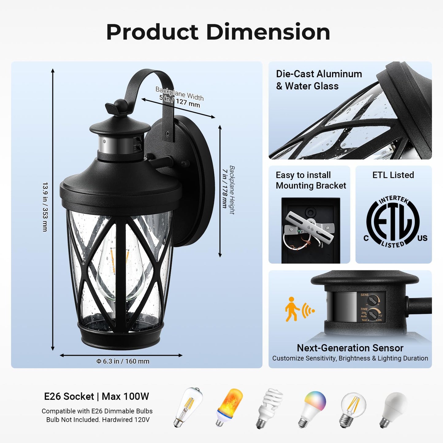 Vianis Motion Sensor Outdoor Lights  Modern Patio Lights Outdoor Waterproof  Black Exterior Lighting Fixtures Lanterns For House  100% Aluminum Outside Wall Mount Light Sconce For Garage  Porch  Coach