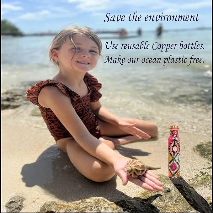 Pure Copper Water Bottle - Handcrafted - Ayurveda health benefits - Large 35 oz - Leak proof - Easy to carry for Sports, Fitness, Yoga, School - Artistic Floral Petals Multicolor Enamel