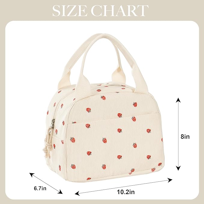 Lunch Bag for Women Mini Strawberry Insulated Lunch Box Reusable Cooler Bag Portable Cute Corduroy Leakproof Tote Bags for Travel, Work, and Picnic