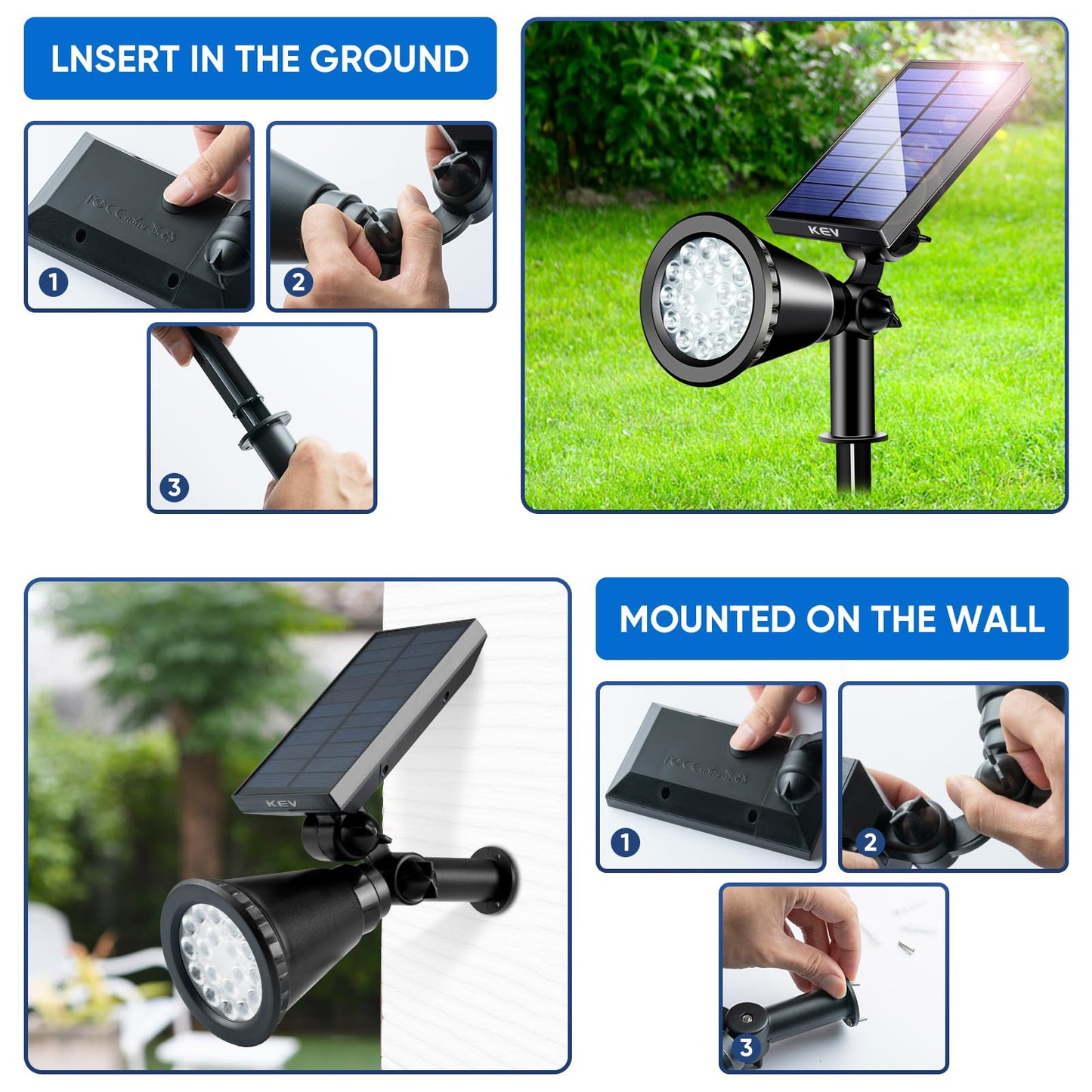 KEV 800 Lumens Solar Spot Lights Outdoor,18 LEDs Solar Flood Lights with 2 Modes &Adjustable &IPX65 Waterproof,Solar Spotlight for Driveway/Backyard/Patio Landscape/Tree/Garage(Cool White, 4 Pack)