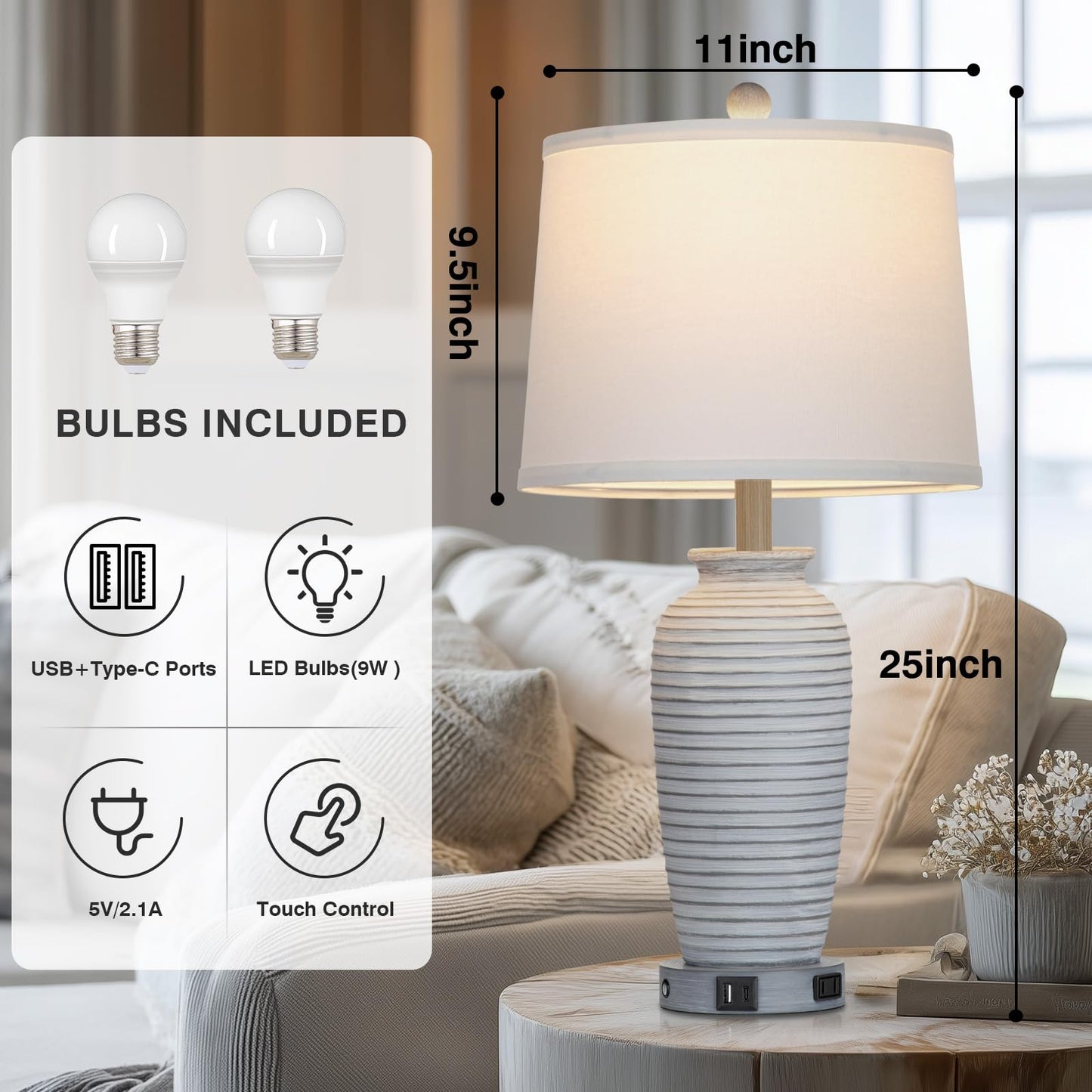 CINSARY 25in Vintage Farmhouse Jar Table Lamp with USB Ports & AC Outlet, Grey White, Resin, Model TD-CS-315-1PK