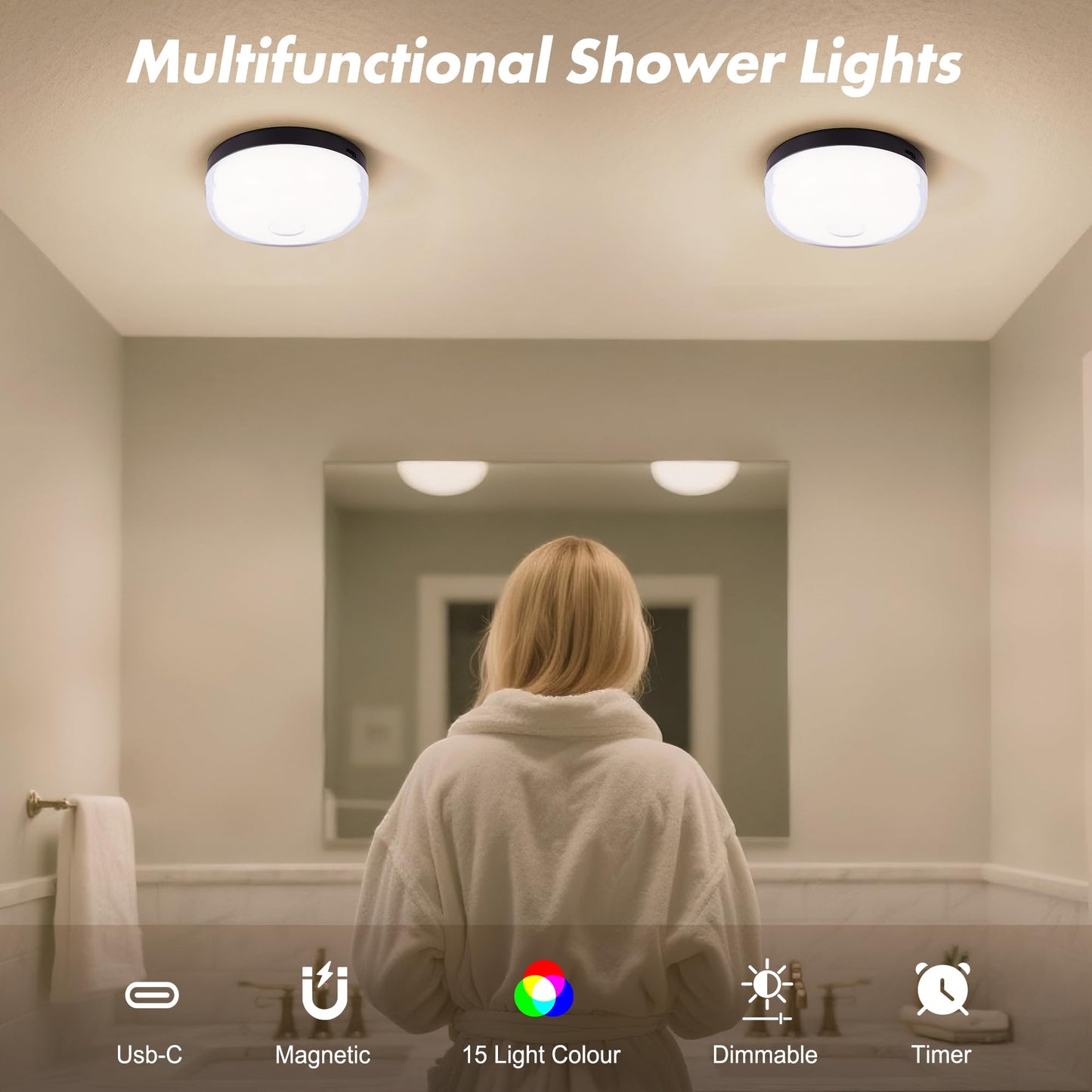 4-Pack Rechargeable Shower Lights for Inside Shower, 15 RGBW Color Changeable Waterproof Lights for Shower with Remote(Dimmable＆Timer), Wireless LED Mood Lighting for Bathroom, Closet, Bedroom, Party