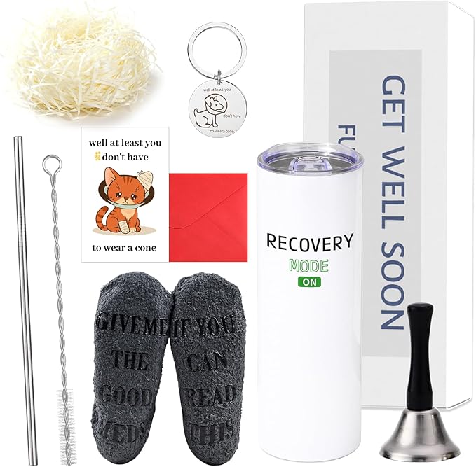 6 Pcs Funny Get Well Soon Gifts for Women Men, 20oz Hospital Mug Funny Recovery Socks Hand Bell Keychain Greeting Cards Ge...