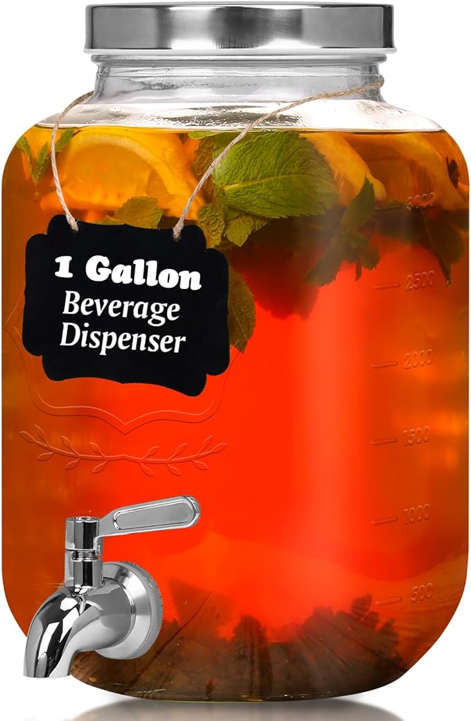 Moretoes 1 Gallon Glass Drinks Dispenser for Parties, Beverage Dispenser for Juice and Iced Tea, Airtight Sun Tea Glass Jar for Outside, Party Essential Beverage Pitcher with Spout