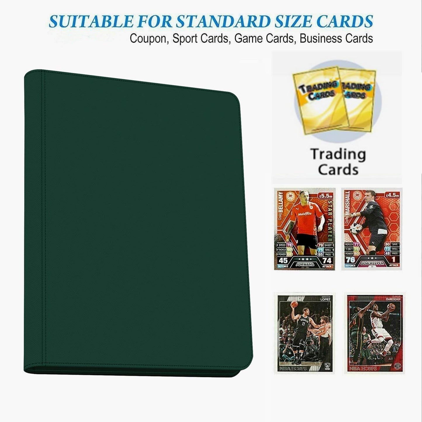 9-Pocket Zippered Trading Card Binder, 864 Pockets Double-Sided Side-Loading Card Organizer Album, PU Leather Card Holder Protector for MTG, TCG, Sports Cards (Green)