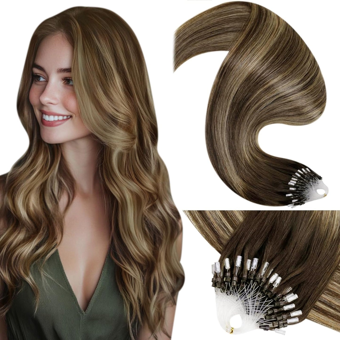LaaVoo Micro Ring Hair Extensions Human Hair Balayage Medium Brown to Caramel Brown Microlink Hair Extensions Human Hair for Wom