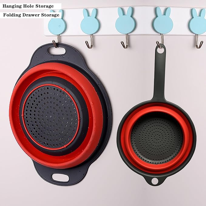 Collapsible Colander Set,Space Saving Collapsible Kitchen Colander Strainer with Handle,Perfect for Draining Pasta Vegetable fruit (Red)