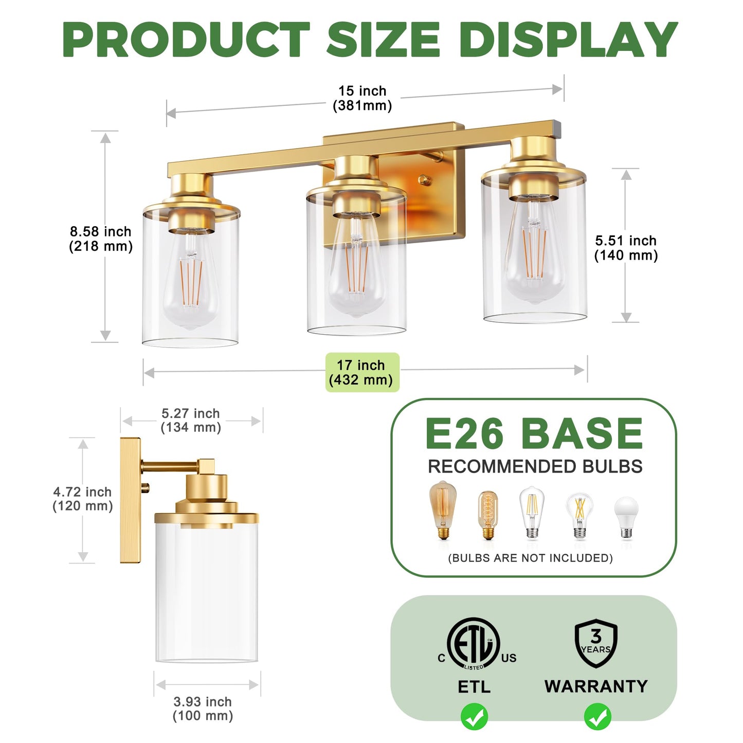 Doresshop 17 Inch Bathroom Light Fixtures  3-Light Brushed Gold Bathroom Lighting Fixtures Over Mirror With Clear Glass Shade  Vanity Lights For Living Room Bedroom