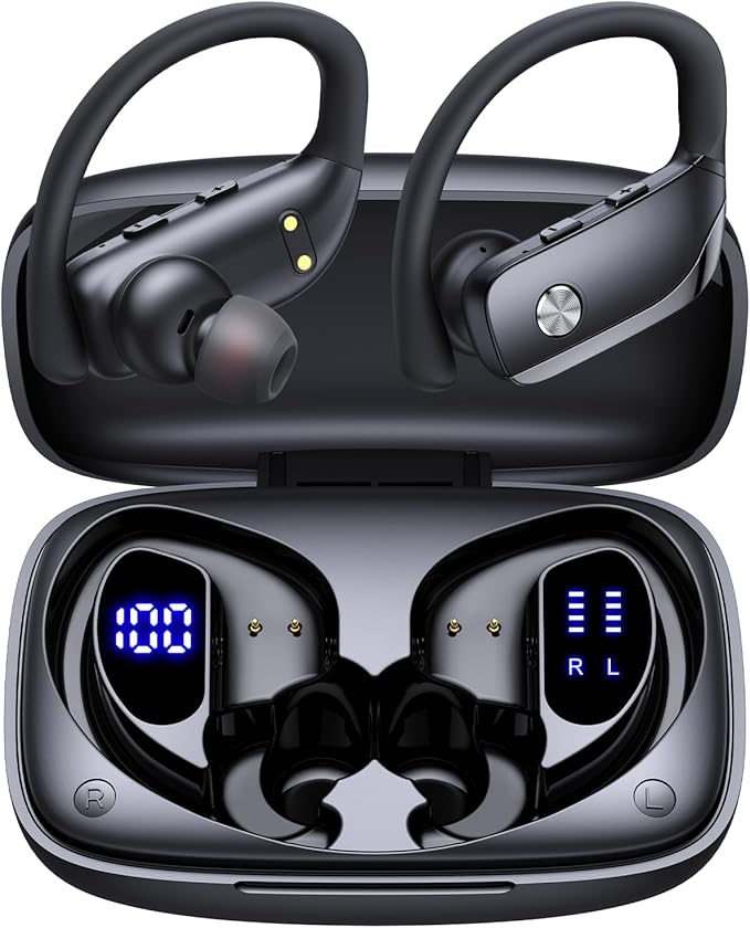 bmanl Wireless Earbuds Bluetooth Headphones Over Ear Hooks Ear Buds with 80H Playtime, LED Power Display, Dual Mic Clear C...
