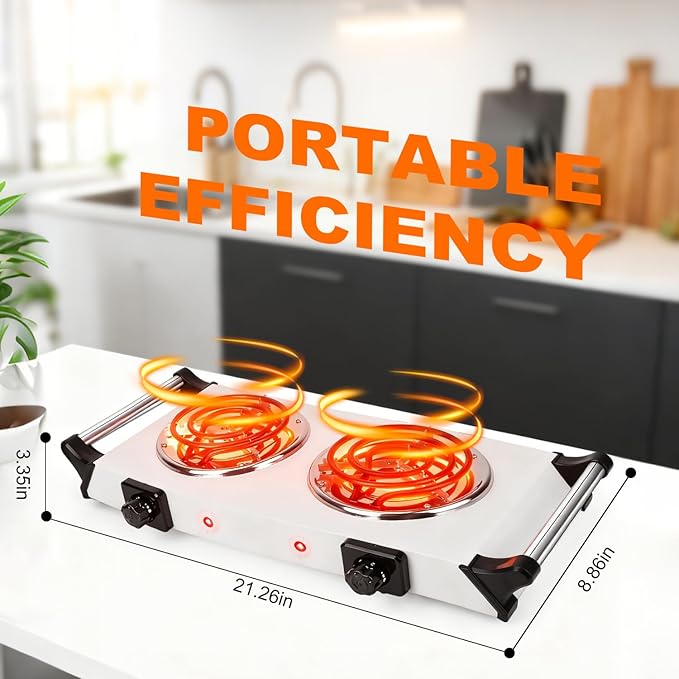 Double Hot Plate, 2000W Portable Countertop Burner & Electric Stove, 5-Level Temp, Portable Handle, Cast Iron Double Burner Cooktop for Home/RV/Camping (White)