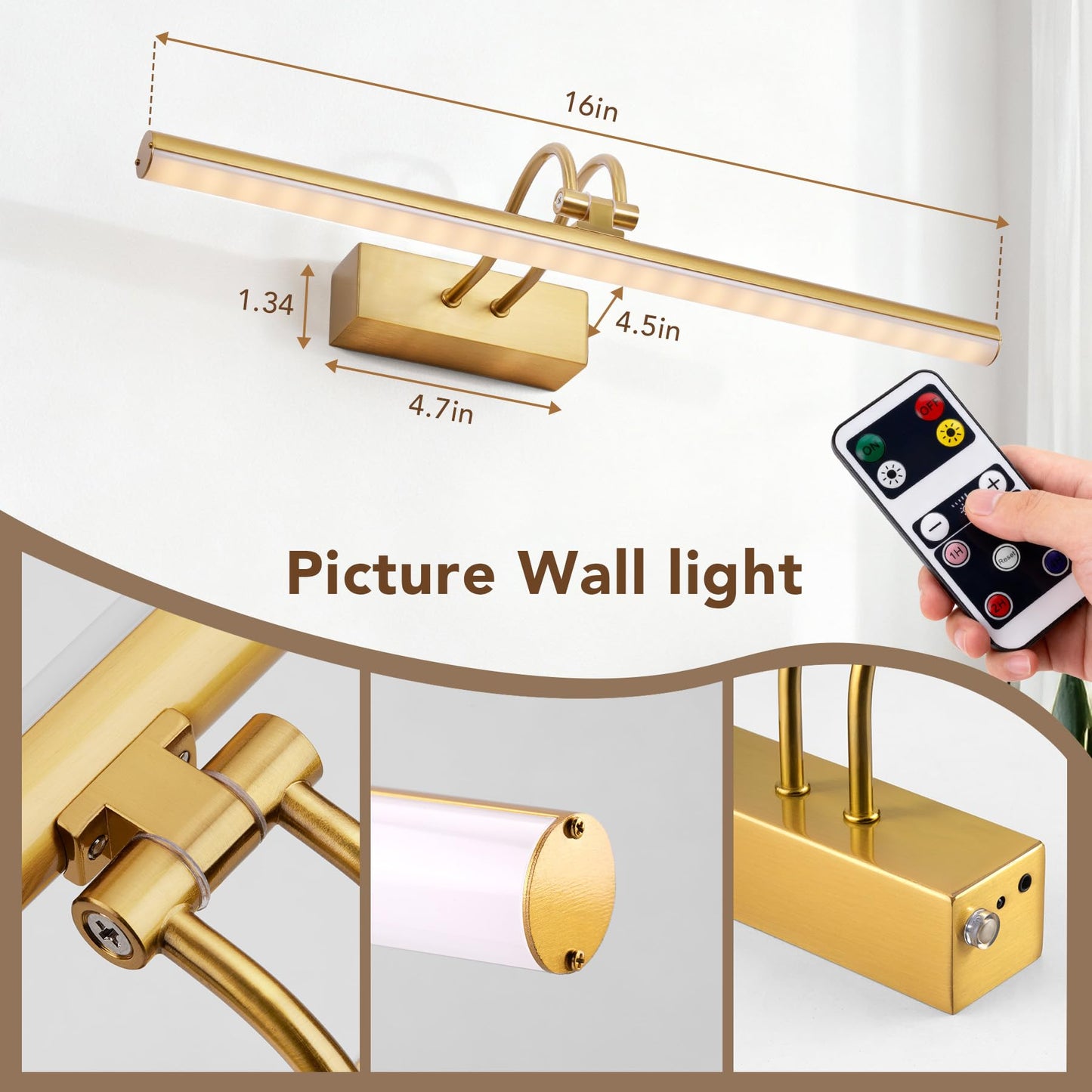 Raifoolly Picture Light 16In Wireless Battery Wall Lighting Remote Art Lights For discomfort-reducingtings With Timer And Dimmable For Display Photo Frame Portrait Dartboard-Copper
