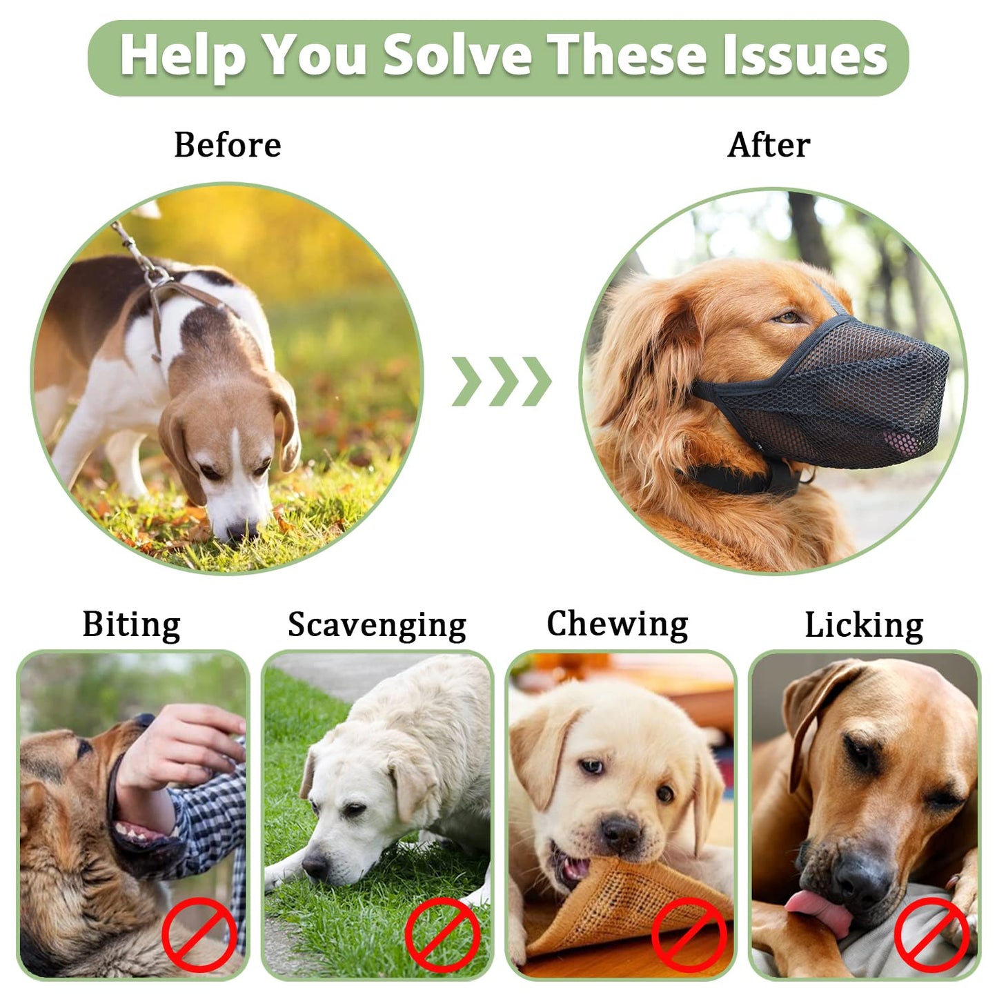 Mayerzon Dog Muzzle, Patented Soft Mesh Muzzle for Small Medium Large Dogs for Scavenging Biting Licking and Chewing, Allows to Pant and Drink (L, Black)