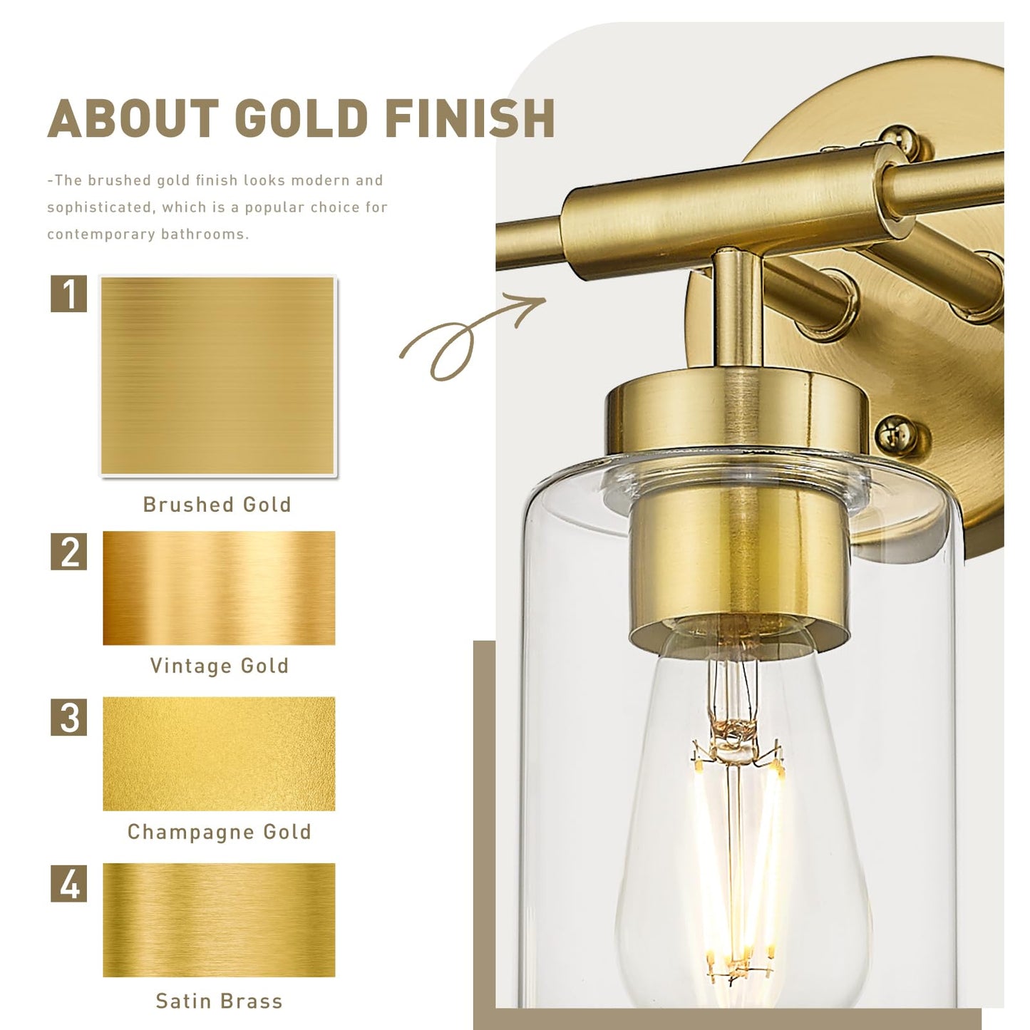 Zeyu 3-Light Vanity Lighting Fixtures  Modern Vanity Lighting Fixtures Over Mirror With Cylinder Clear Glass Shade  Brushed Gold Finish  Zs62B-3W Bg