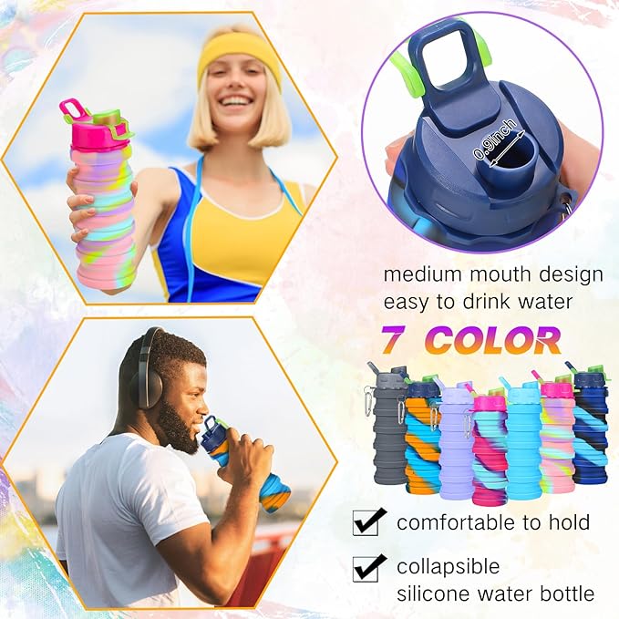 Sunnyray 30 Pack Collapsible Water Bottles 17oz Silicone Portable Water Bottle Bulk Foldable Leak Proof Water Bottle Reusable Camouflage Sports Bottles with Clip for Travel Hiking Camping Outdoor