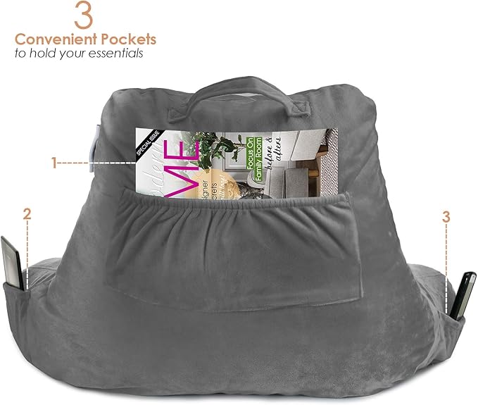 Nestl Reading Pillow Standard Bed Pillow, Back Pillow for Sitting in Bed Shredded Memory Foam Chair Pillow, Reading & Bed Rest Pillows Grey Back Pillow for Bed, Bed Chair Arm Pillow with Pockets