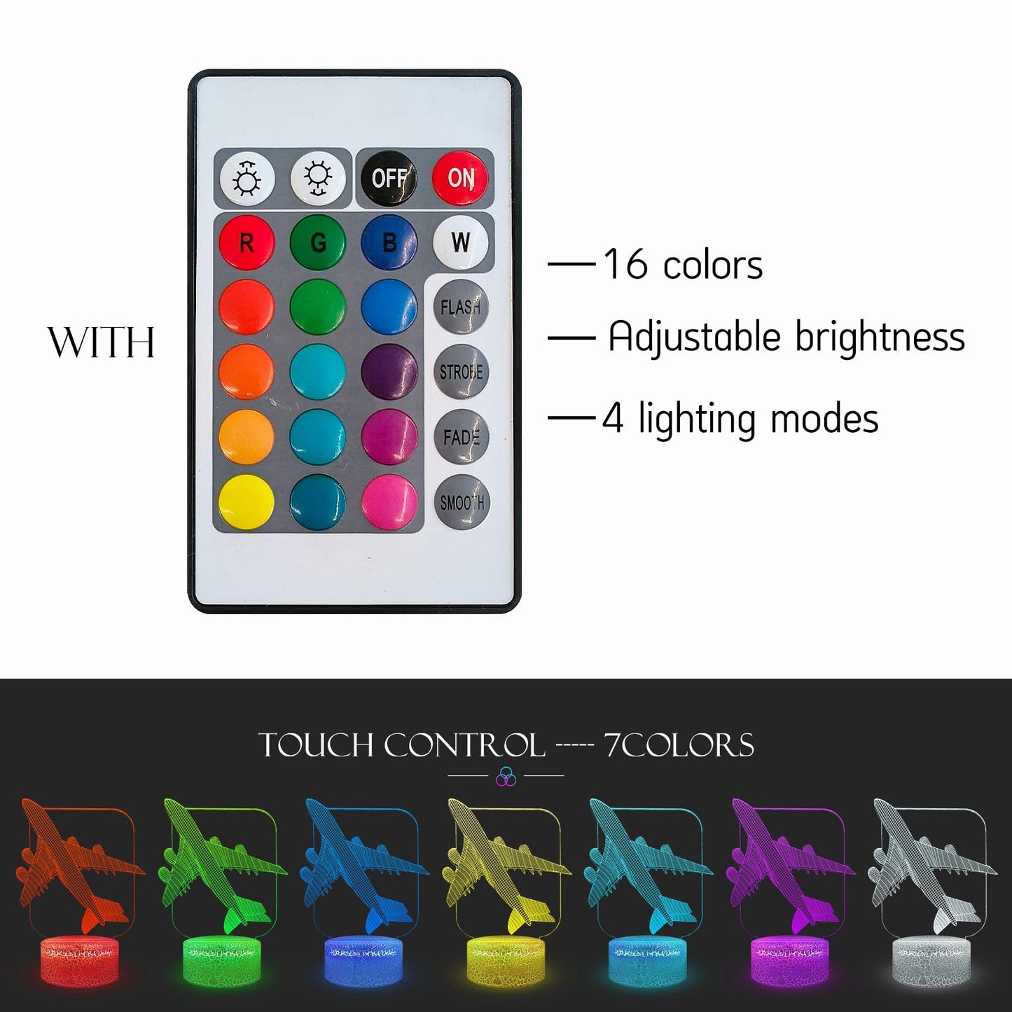 Masshomi Acrylic 3D Visual Anime Night Light 16 Color Change Usb Charge Base Touch Remote Control Air  Pilot Aircraft Helicopter Fighter Shape Men Gift Atmosphere Room Decoration