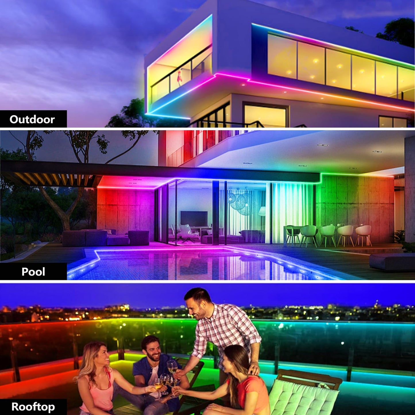 httpsmp 65.6FT Outdoor LED Strip Light, IP68 Waterproof RGB+IC, Remote/App Control, Music Sync for Garden, Deck, Pool