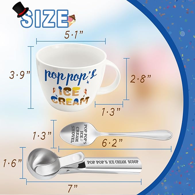 Pop Pop Gifts, Gifts for Pop from Grandkids on Christmas, Poppop's Ice Cream Bowl Scoop Shovel Spoon Set, Poppop’s Ice Cream Gift, Christmas Birthday Father's Day Pop Gift for Him Man