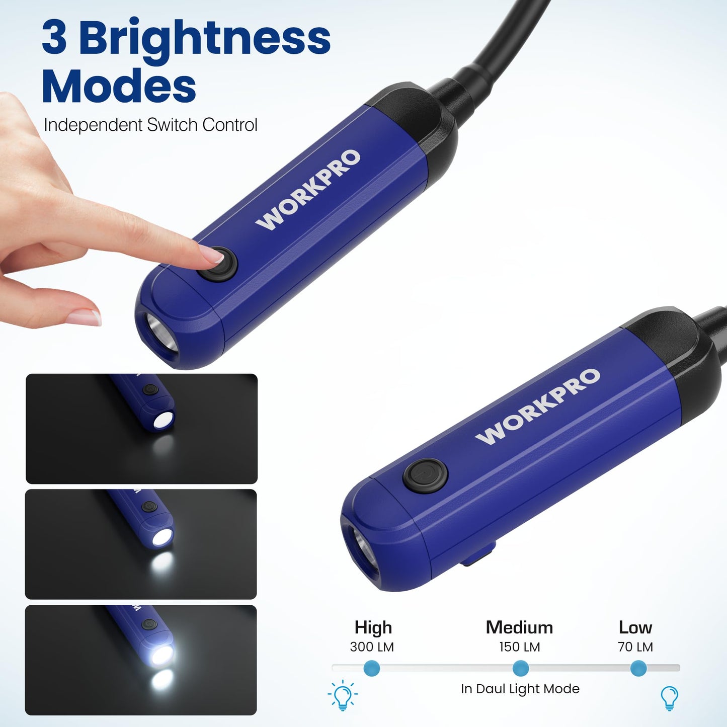 WORKPRO Rechargeable Neck Light, 300 Lumens, 3 Brightness Levels, Bendable Silicone Arm, Blue, Model W139033AF