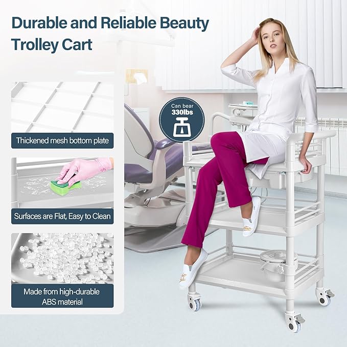 Beauty Salon Trolley Cart, Esthetician Cart with Wheels & Bucket and 2 Big Drawer, 3 Tier Heavy Duty SPA, Load 330lbs, 360° Rotate Silent Wheels for Beauty Salon SPA Hospital Office Lab