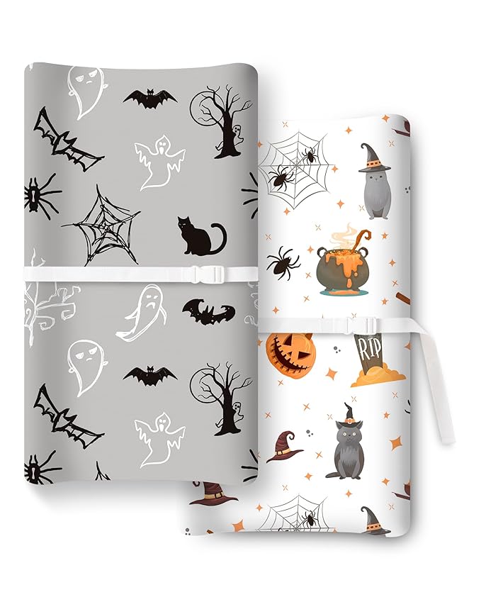 Halloween Baby Changing Pad Cover for Girls Boys, Fits Standard Changing Tables, Pumpkin, Black Cat, Bat, Witchy