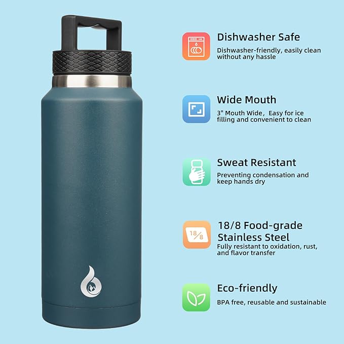 BJPKPK Insulated Water Bottles, Dishwasher Safe 36 oz Water Bottle with Handle, Leakproof BPA Free Thermal Flasks, Stainless Steel Jug for Sports, Navy Blue