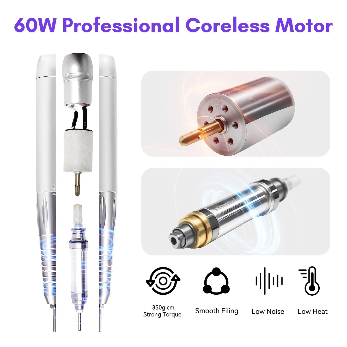 Makartt Professional Nail Drill - 35000RPM Electric Nail File with 60W Coreless Motor, 2 in 1 Desktop & Portable Rechargeable E