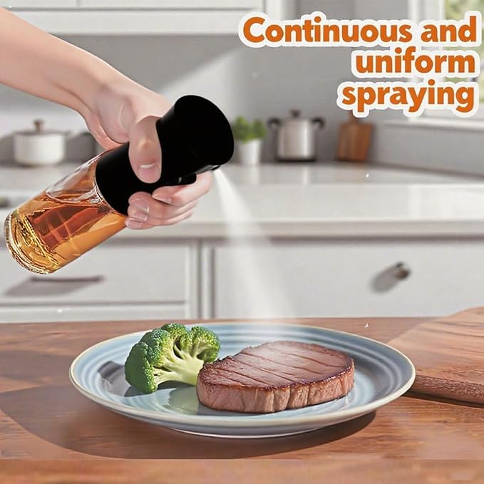 Olive Oil Sprayer for Cooking, 220ml Glass Oil Dispenser for Kitchen Gadgets, Food Grade Premium Spray Bottle, Continuous Spray with Portion Control, for Salad, Frying, BBQ (Black Cap)