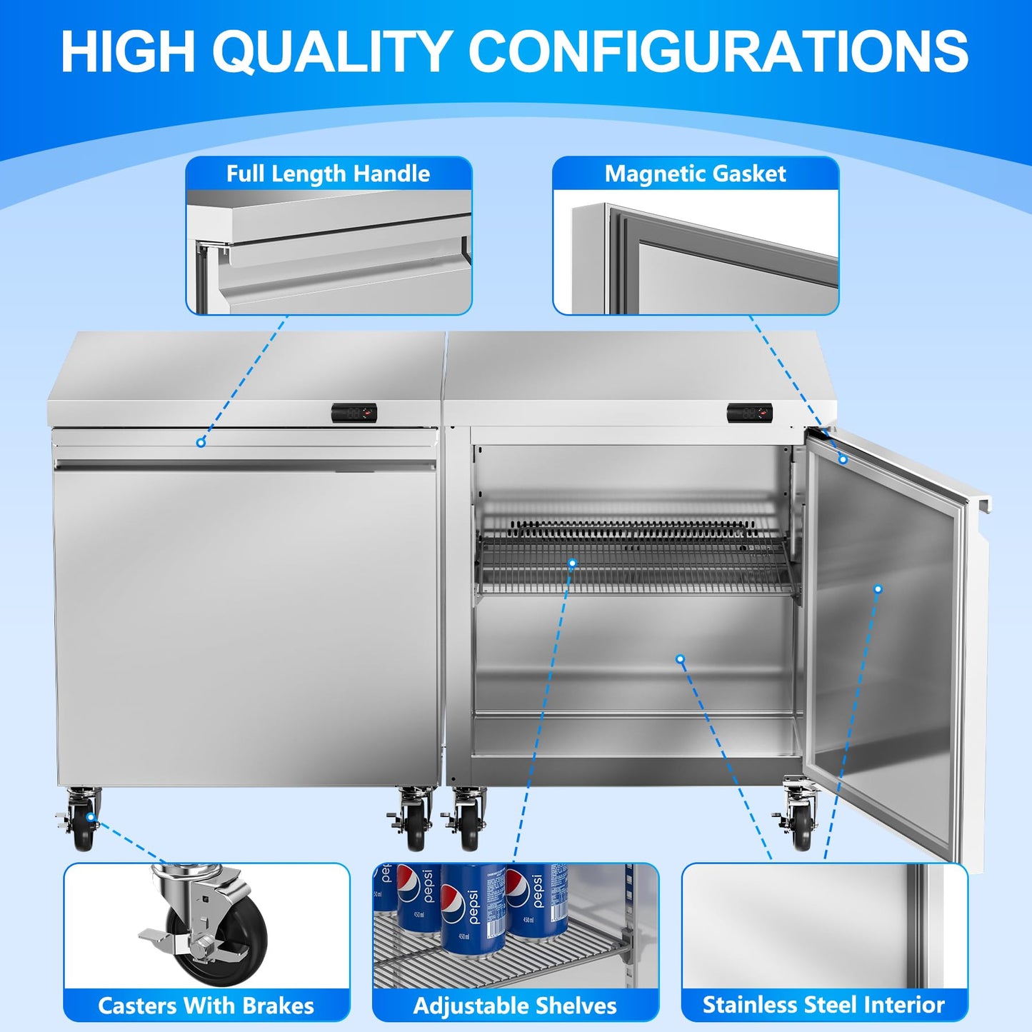 Rockitch 29" W Commercial Undercounter Freezer, 6.7 Cu.ft Single Door Worktop Under Counter Freezer, Stainless Steel Commercial Kitchen Freezing Equipment for Restaurant, Bar, Shop, etc.