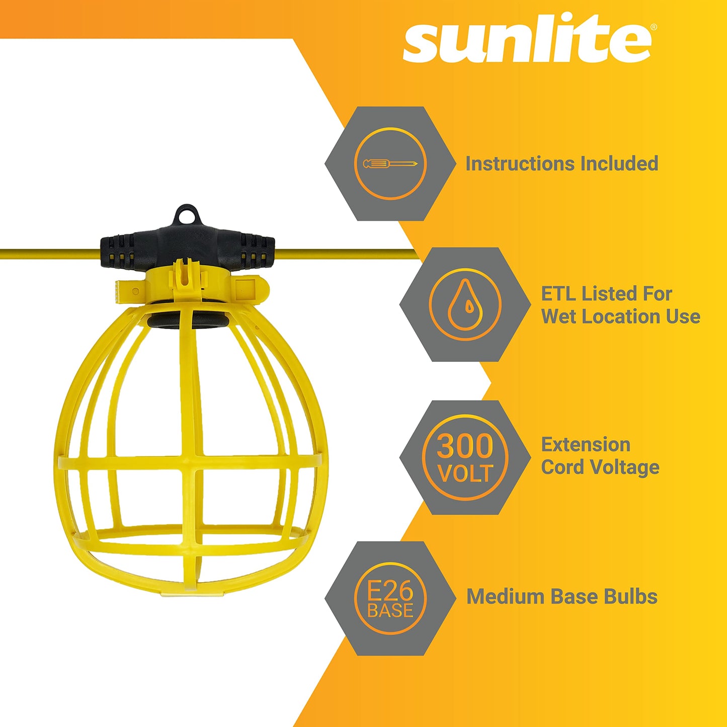 Sunlite Construction Cage String Lights, 50ft, 5 Sockets (E26), Safety Yellow, ETL Rated, Indoor/Outdoor, Model 04224