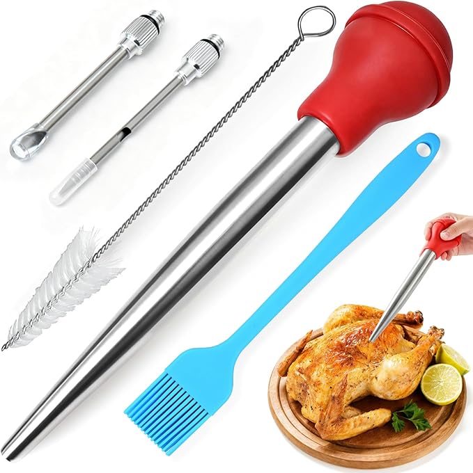 Stainless Steel Turkey Baster with Cleaning Brush & Needle, Red Meat Injector Set for Home Baking Kitchen Tool Cooking, Flavor Meat Poultry, Beef, Chicken