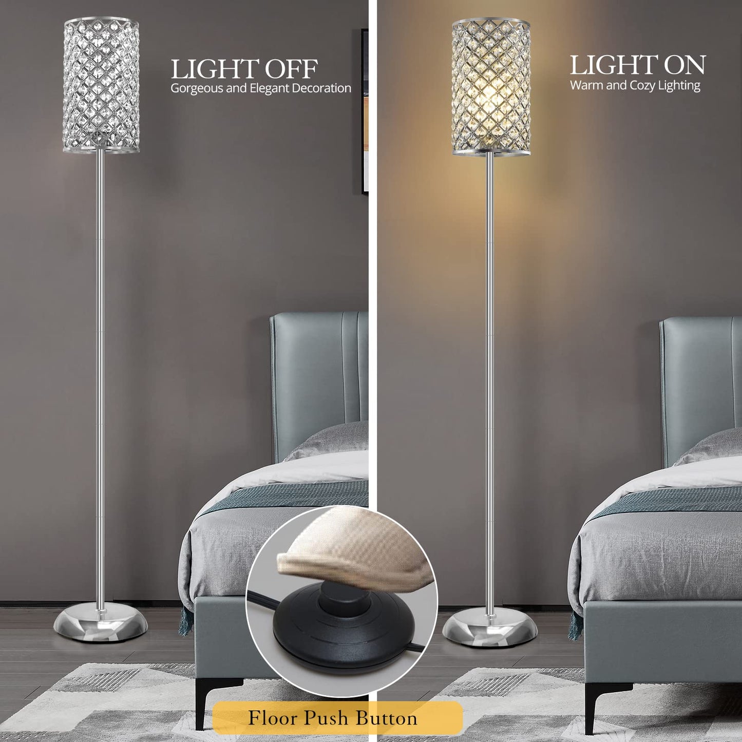 Gyrovu Elegant Silver Metal Floor Lamp, 66.5 Tall With On/Off Foot Switch, Modern Accent Light For Living Room, Bedroom, Office
