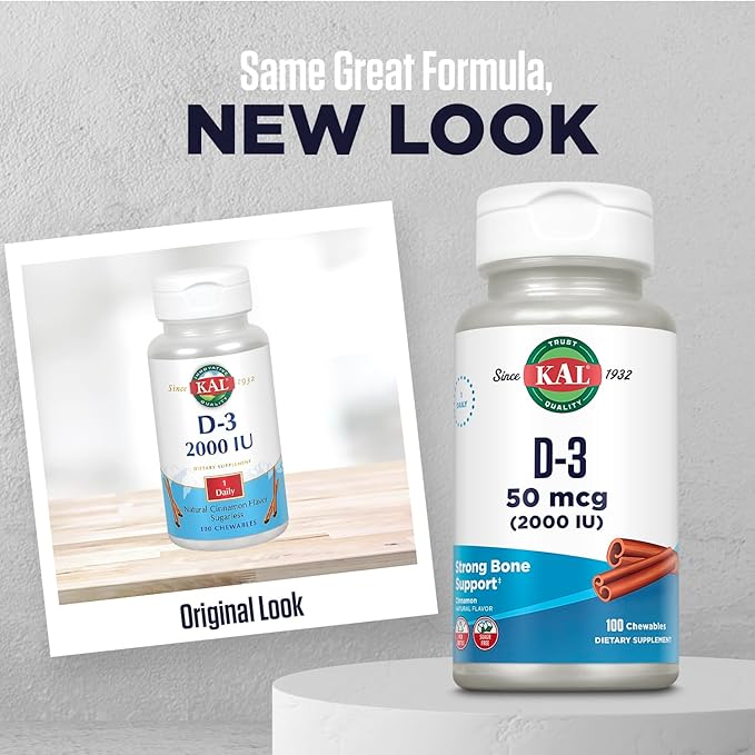 KAL Vitamin D3 Chewables 50 mcg, Vitamin D 2000 IU as Cholecalciferol, Sugar Free, Natural Cinnamon Flavor D3 Vitamin, Immune Support & Bone Health, 100 Servings, 100 Chewables