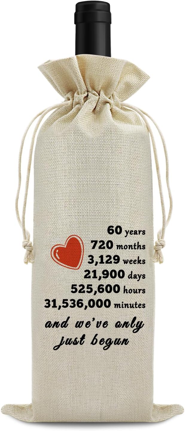Sfodiary 60th Anniversary Wine Bag Wedding Gift for Wife Husband 60th Year Marriage Gift for Women Men Burlap Wine Wrap Bag Valentine Christmas Thanksgiving Gifts for Couples Wine Gift Bag