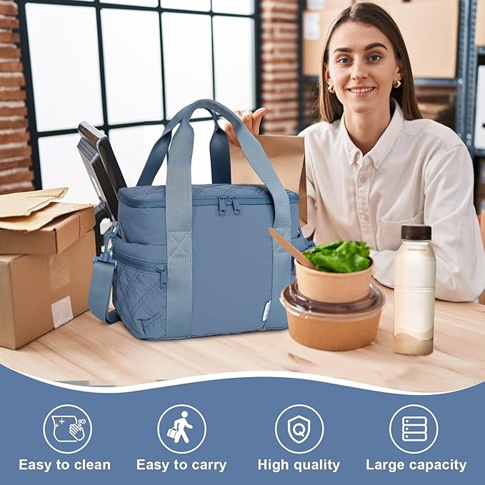 NOL Natural Organic Lifestyle Women's Nylon Lunch Cooler Cute Quilted Lunch Bag Large Leakproof Insulated Lunch Tote Bag for Work Picnic Travel,Dusty blue