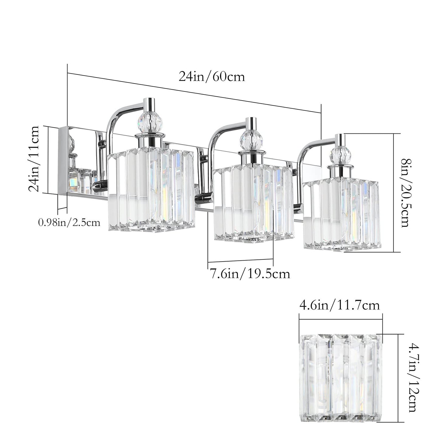 Ralbay 3-Light Crystal Vanity Light, 24 Chrome Stainless Steel, Model 8606 For Bathroom Wall Lighting