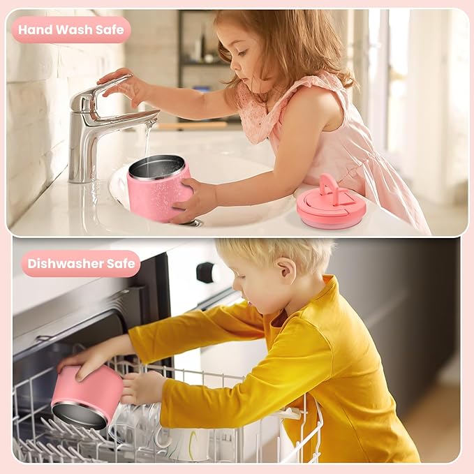 Kids Thermo for Hot Food, 14oz Insulated Soup Jar, Stainless Steel Lunch Box with Leakproof Lid & Spoon, Vacuum Insulated Bento Container (Dark Pink)