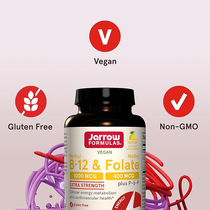 Jarrow Formulas Extra Strength Methyl B-12 1000 mcg & Methyl Folate 400 mcg + P-5-P, Dietary Supplement for Cellular Energy Metabolism and Cardiovascular Support, 100 Chewable Tablets, 100 Day Supply