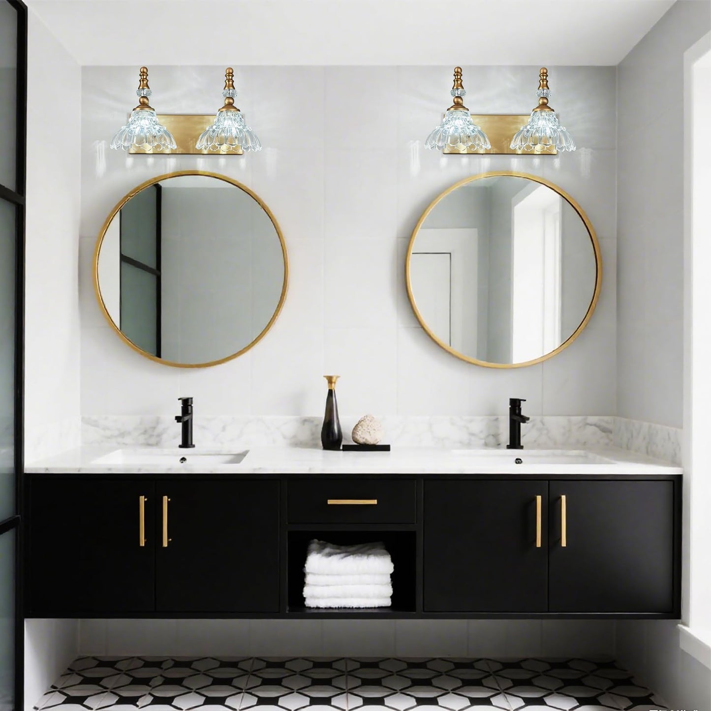 Lbsqj Vintage Bathroom Vanity Light  2-Light Brass Vanity Lighting Fixture With Flower Glass Shade  Bathroom Lighting Fixtures Over Mirror