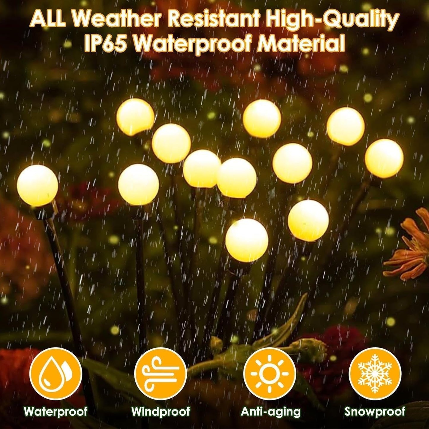 YIQU Solar Firefly Lights, 8 Pack, 64LED Waterproof Garden Lights, Warm White, Outdoor Lighting with 2 Modes for Yard and Patio