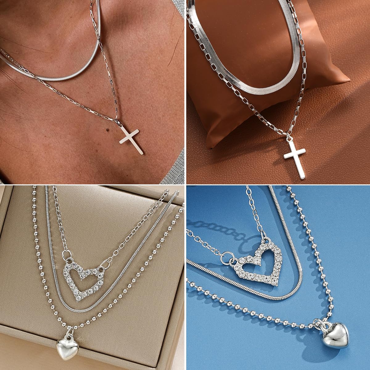 IFNODO 92 PCS Silver Plated Jewelry Set with 8 PCS Necklace, 19 PCS Bracelet, 44 PCS Stud Hoop Earring, 21 Pcs Knuckle Rings for Women Valentine Anniversary Friendship Gift