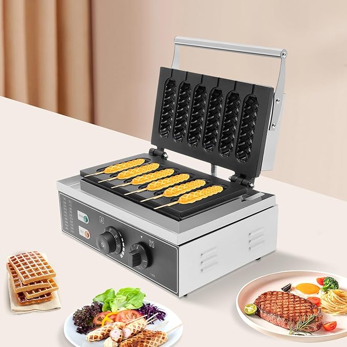 Corn Dog Waffle Maker, 1500W 6 Pcs Non-Stick Hot Dog Machine with Temp & Time Control, Countertop Waffle Pop Maker for Restaurant Bakery Snack Bar Family