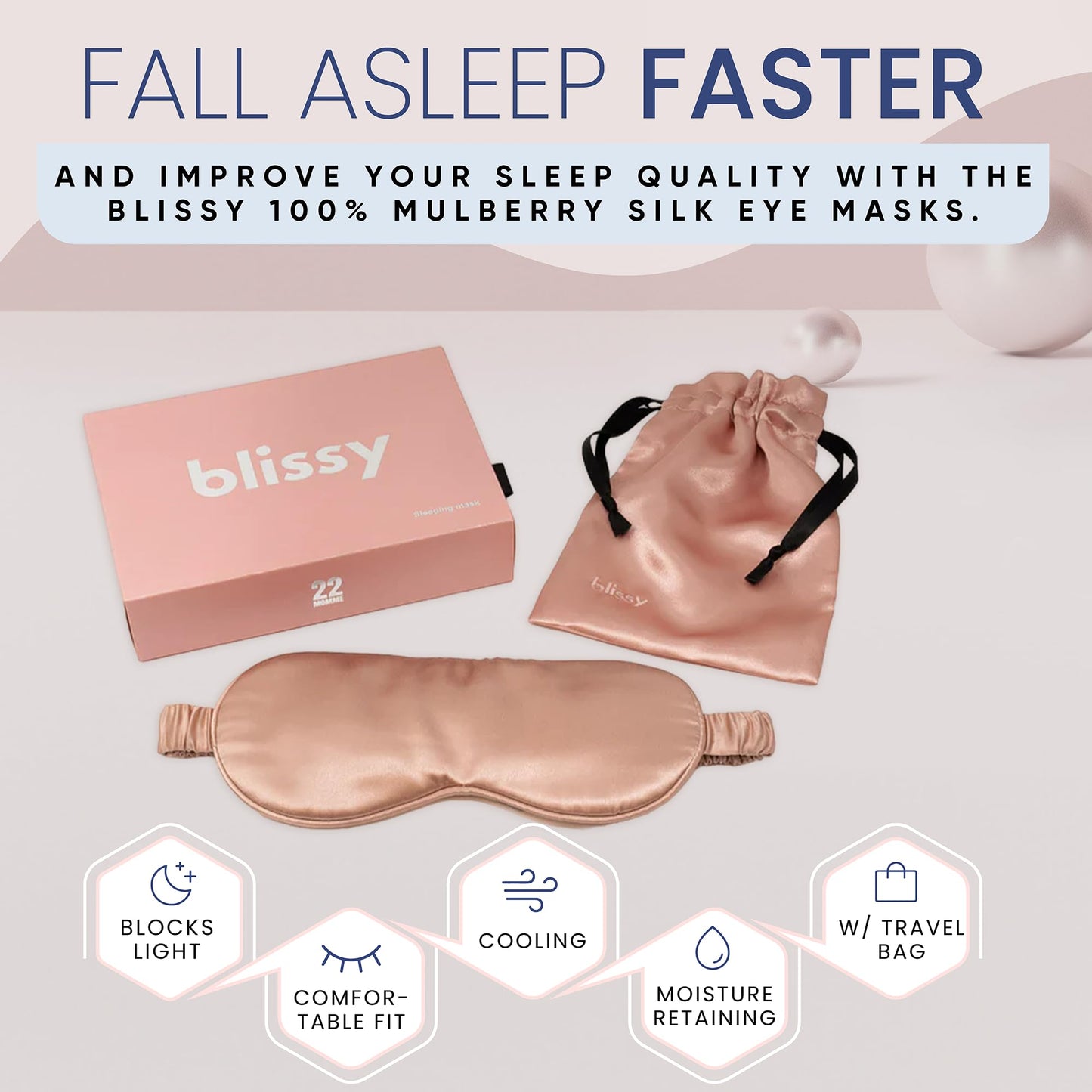 Blissy Silk Sleep Mask - Eye Sleeping Mask for Women & Men for Total Blackout - 100% Pure Mulberry Silk, 22 Momme 6a Fibers - Blindfold Sleep Mask Side Sleeper Eye Cover (Rose)