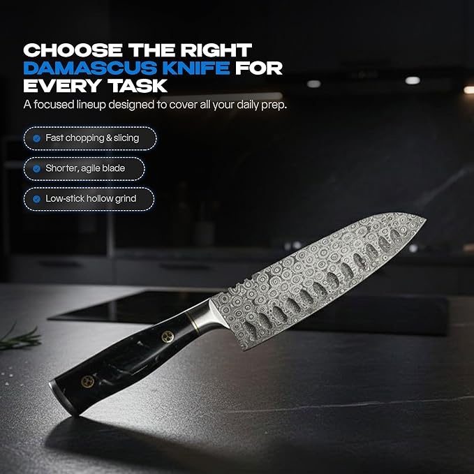 Handmade Damascus 7" Santoku Knife - Lightweight Japanese Style Kitchen Knife for Fast Chopping, Sharp 133-Layer Blade, Ideal Damascus Chef Knife for Daily Use