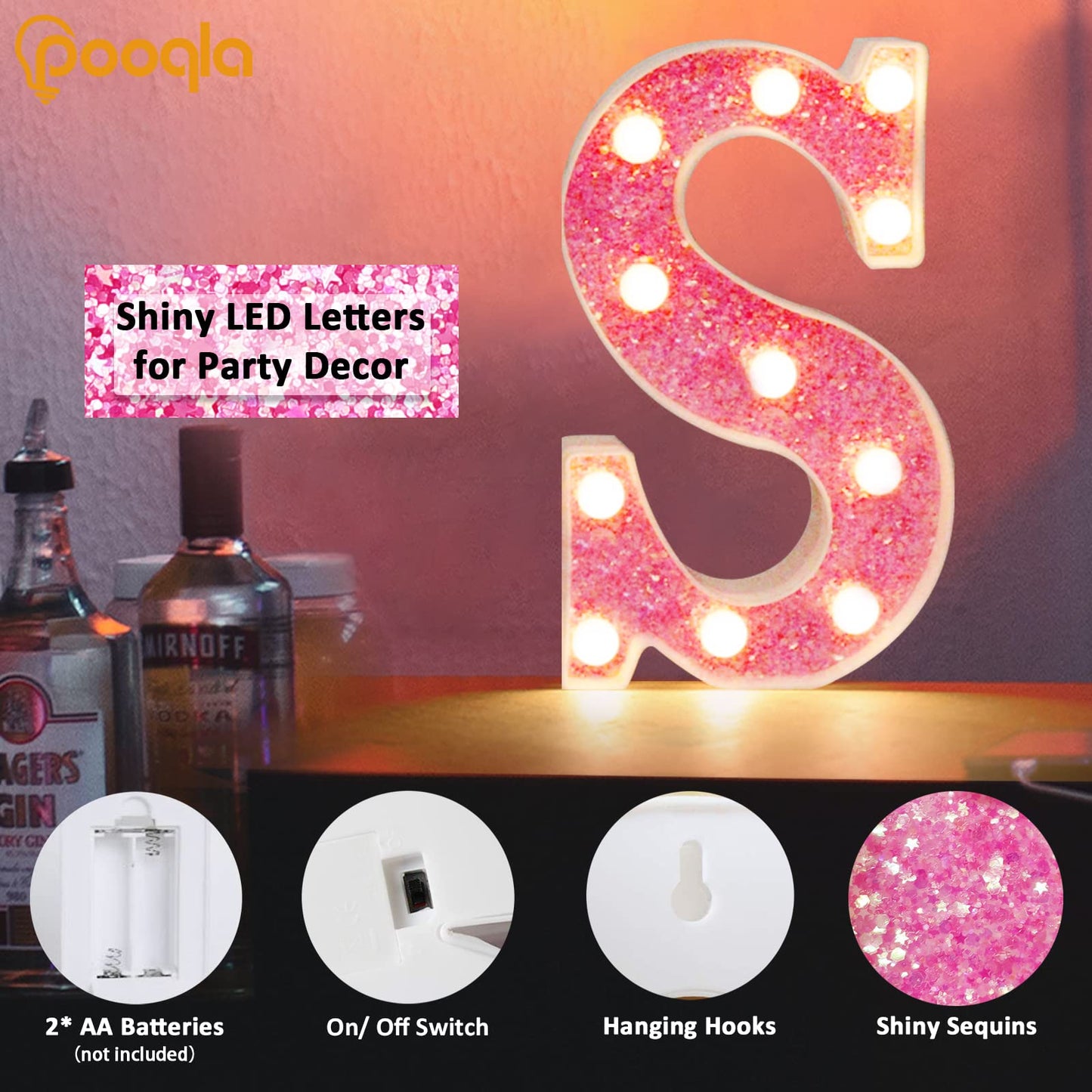 Pooqla Led Marquee Letter Lights - Sequin Pink Alphabet Sign For Parties, Weddings, And Home Decor - Battery Powered Night Light