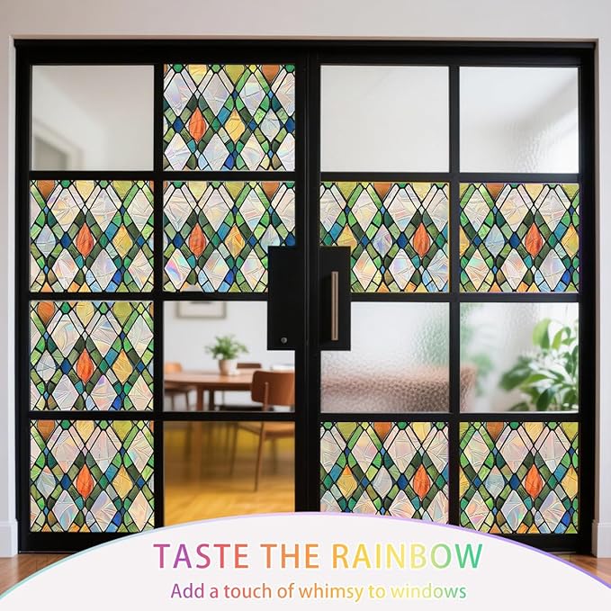 Lattice Stained Glass Window Film Static Cling with Tools - 23.6 x 78.7 Inch Non-Adhesive Privacy Decorative Rainbow Film for Windows, Doors, Sidelights - Easy Install & Remove