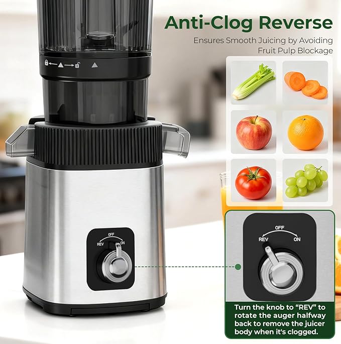 Cold Press Juicer Machine, 4.4" Wide Feed Chute, Slow Masticating Juicer for Whole Vegetables & Fruits, Easy to Clean Stainless Steel Juice Press, Dishwasher Safe, High Juice Yield