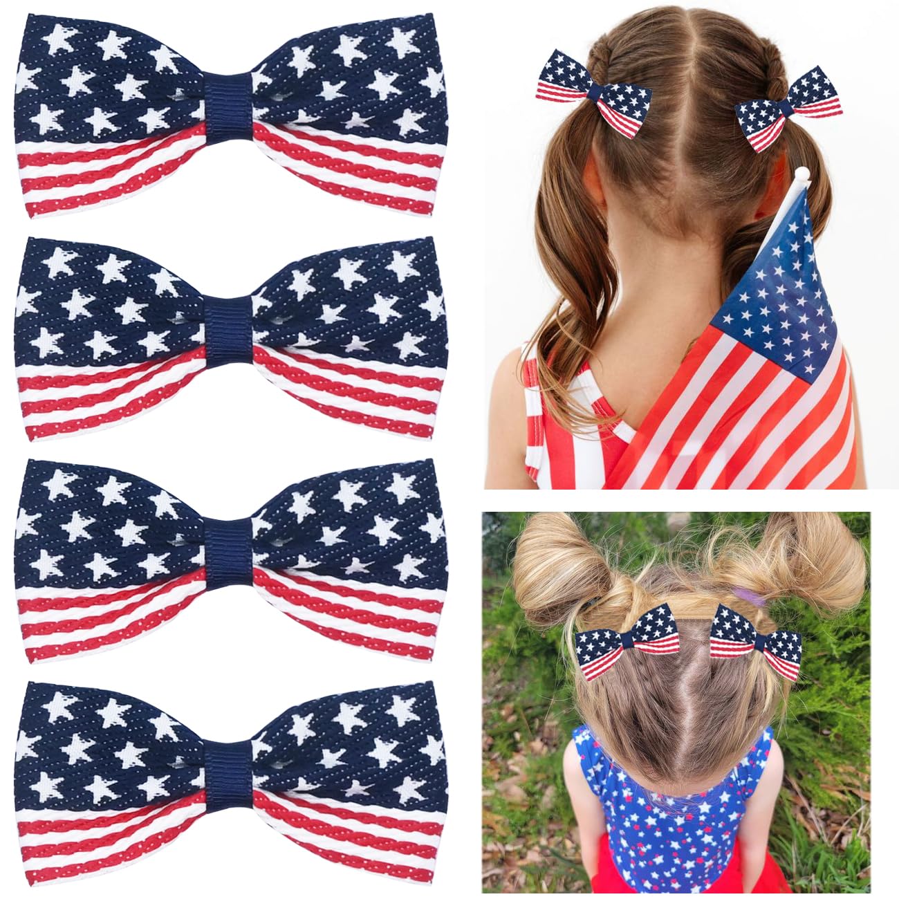 JUCCPUL 4Pcs 4th of July Big Hair Bows Clips for Girls 5inch American Flag Barrette Hair Bow Patriotic Stars and Stripes Hairgri
